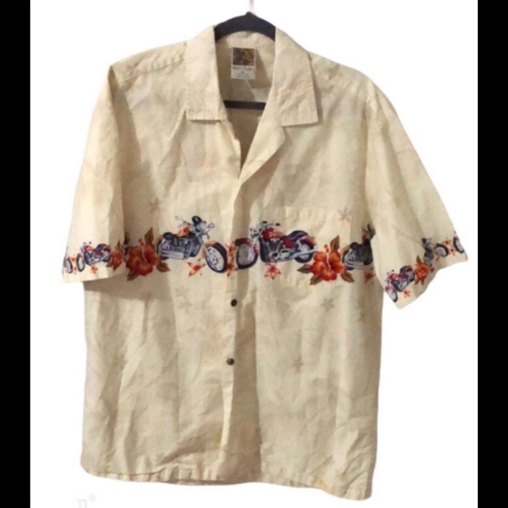 VINTAGE HAWAIIAN COTTON BUTTON DOWN SHIRT. UNISEX. Motorcycles & flowers. Sz XL